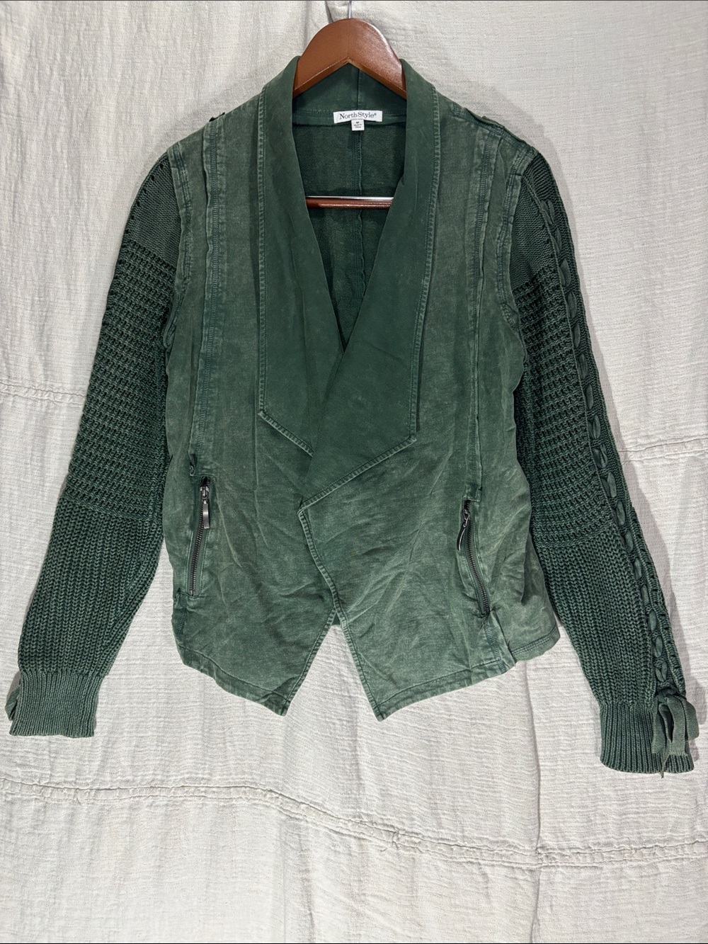 NorthStyle Green Mineral Washed Mixed Media Knit Open Front Cardigan Medium